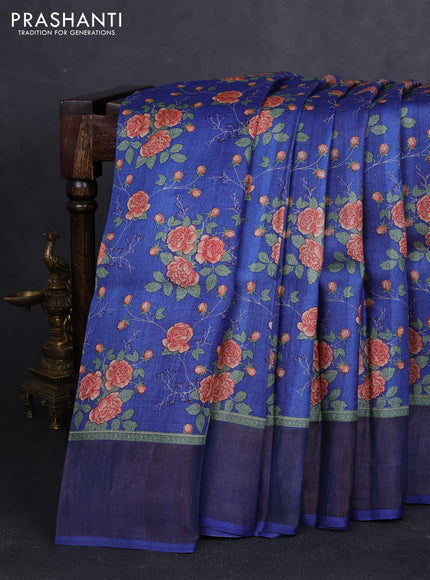 Pure tussar silk saree blue with allover floral prints and zari woven border