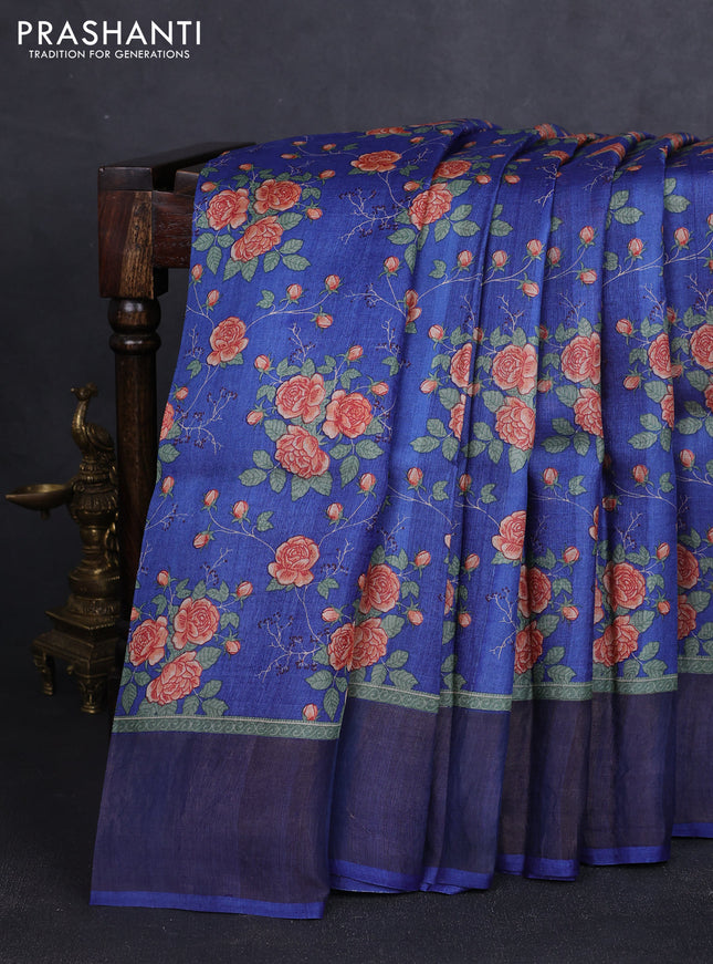Pure tussar silk saree blue with allover floral prints and zari woven border