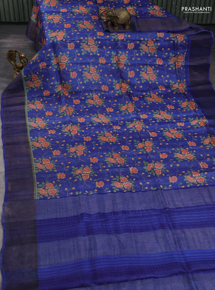 Pure tussar silk saree blue with allover floral prints and zari woven border