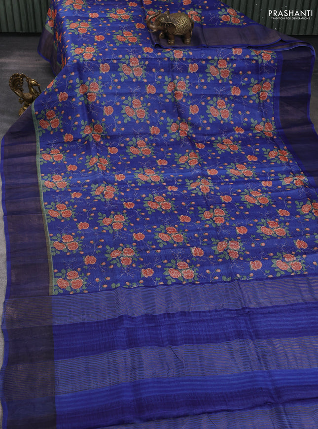 Pure tussar silk saree blue with allover floral prints and zari woven border