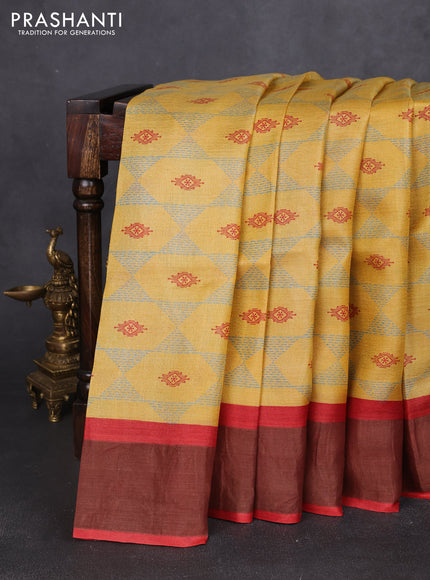 Pure tussar silk saree yellow and red with allover geometric prints and zari woven border