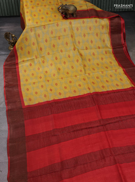 Pure tussar silk saree yellow and red with allover geometric prints and zari woven border