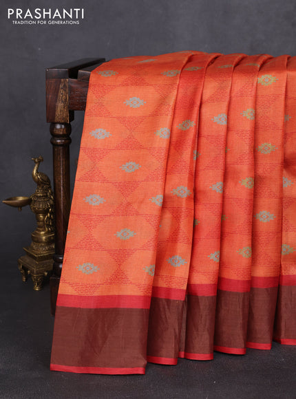 Pure tussar silk saree orange and red with allover geometric prints and zari woven border