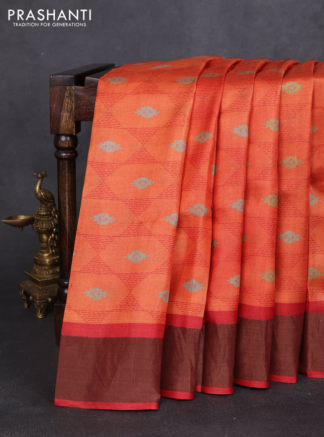 Pure tussar silk saree orange and red with allover geometric prints and zari woven border