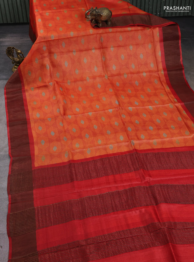 Pure tussar silk saree orange and red with allover geometric prints and zari woven border