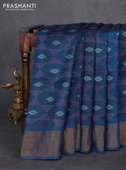 Pure tussar silk saree blue with allover geometric prints and zari woven border