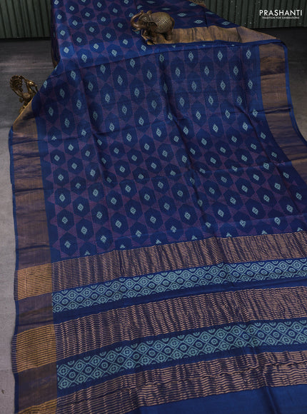 Pure tussar silk saree blue with allover geometric prints and zari woven border