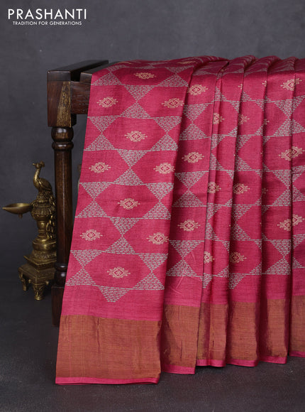 Pure tussar silk saree pink with allover geometric prints and zari woven border