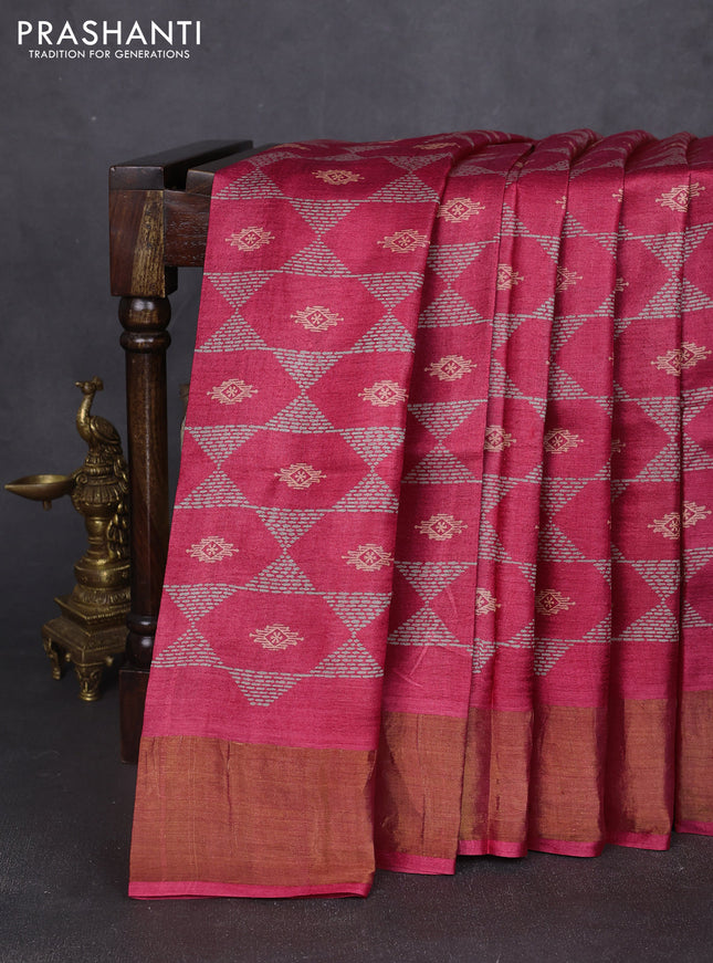 Pure tussar silk saree pink with allover geometric prints and zari woven border