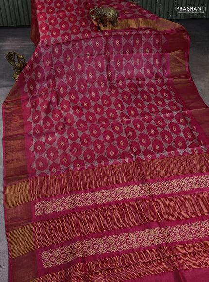 Pure tussar silk saree pink with allover geometric prints and zari woven border
