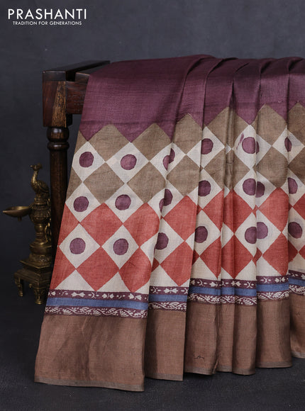 Pure tussar silk saree brown with geometric prints and zari woven border
