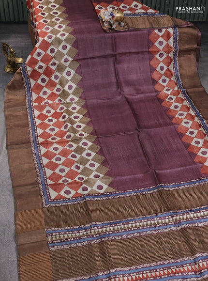 Pure tussar silk saree brown with geometric prints and zari woven border