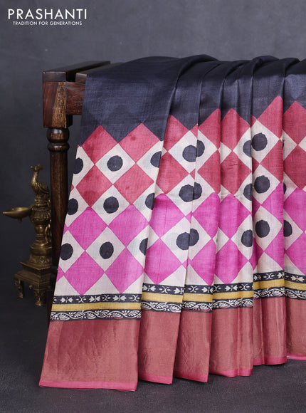 Pure tussar silk saree grey and pastel pink with geometric prints and zari woven border