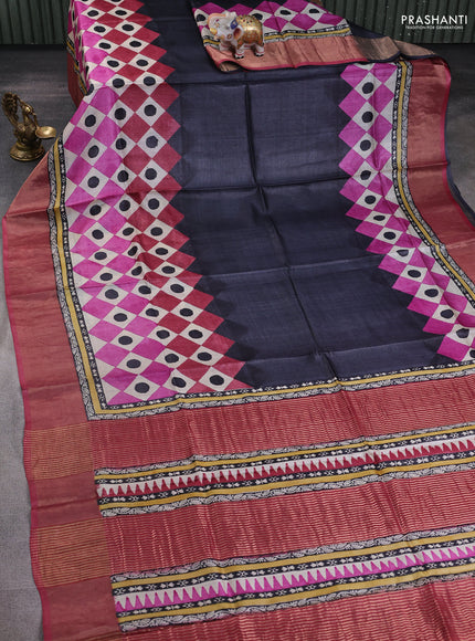 Pure tussar silk saree grey and pastel pink with geometric prints and zari woven border