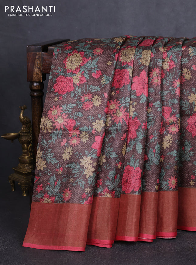 Pure tussar silk saree brown and peach shade with allover prints and zari woven border