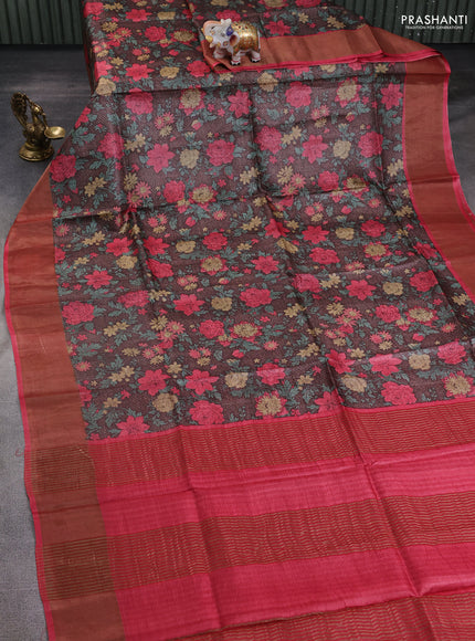 Pure tussar silk saree brown and peach shade with allover prints and zari woven border