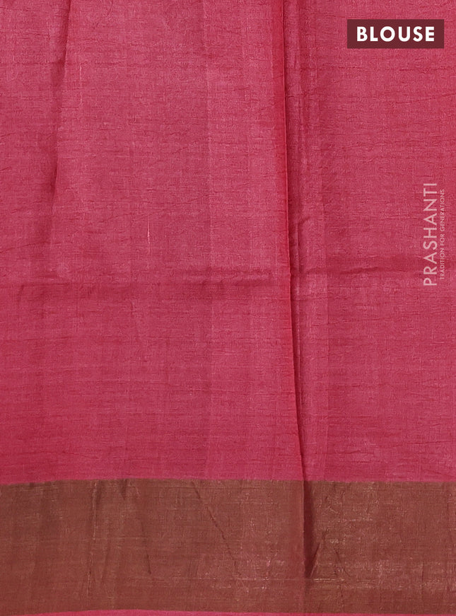 Pure tussar silk saree brown and peach shade with allover prints and zari woven border