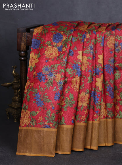Pure tussar silk saree maroon and mustard yellow with allover prints and zari woven border
