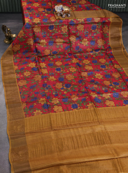 Pure tussar silk saree maroon and mustard yellow with allover prints and zari woven border