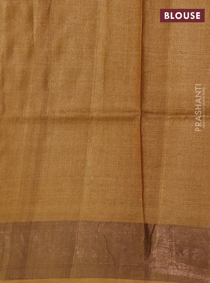 Pure tussar silk saree maroon and mustard yellow with allover prints and zari woven border