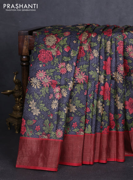 Pure tussar silk saree grey and maroon with allover prints and zari woven border