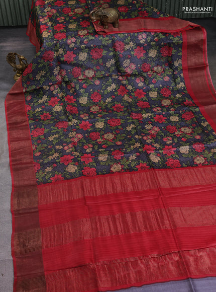 Pure tussar silk saree grey and maroon with allover prints and zari woven border