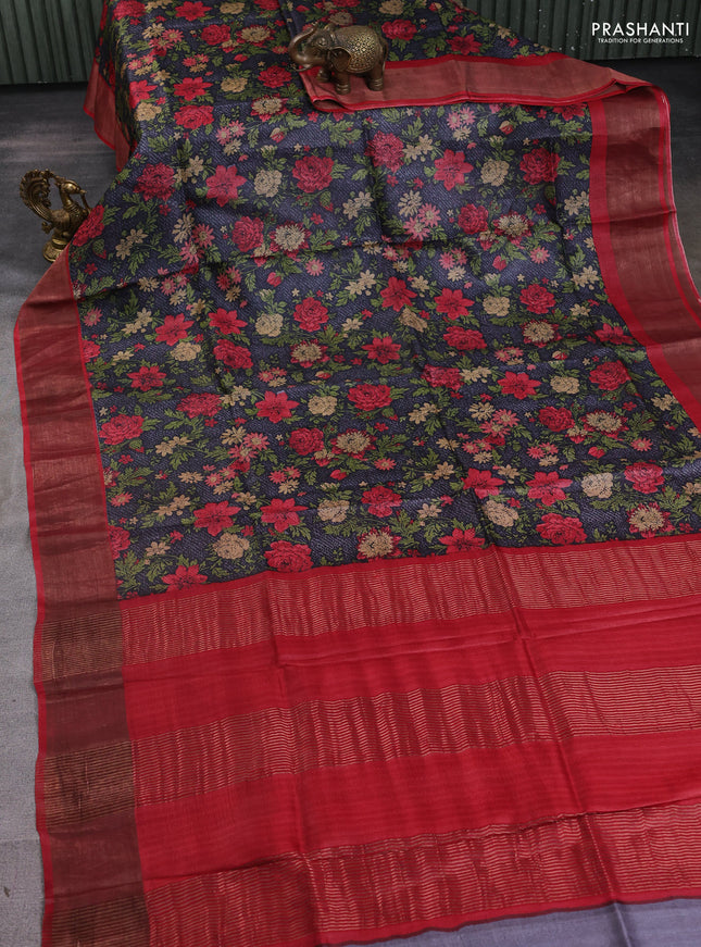 Pure tussar silk saree grey and maroon with allover prints and zari woven border