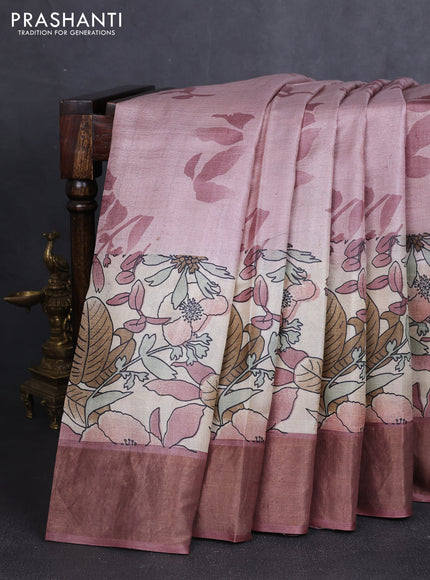 Pure tussar silk saree pastel pink with allover prints and zari woven border
