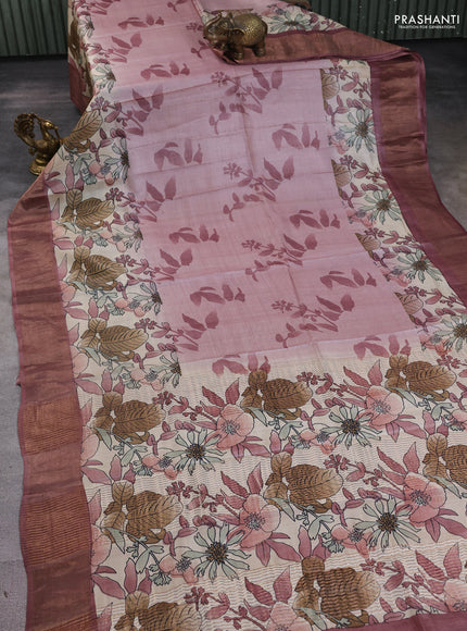 Pure tussar silk saree pastel pink with allover prints and zari woven border