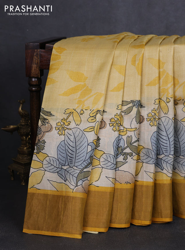 Pure tussar silk saree yellow with allover prints and zari woven border