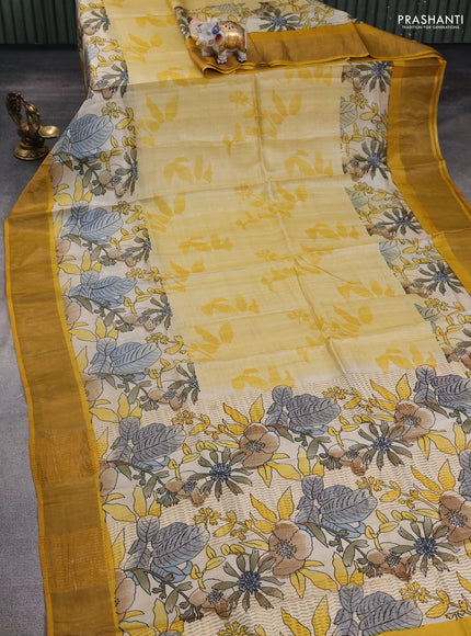 Pure tussar silk saree yellow with allover prints and zari woven border