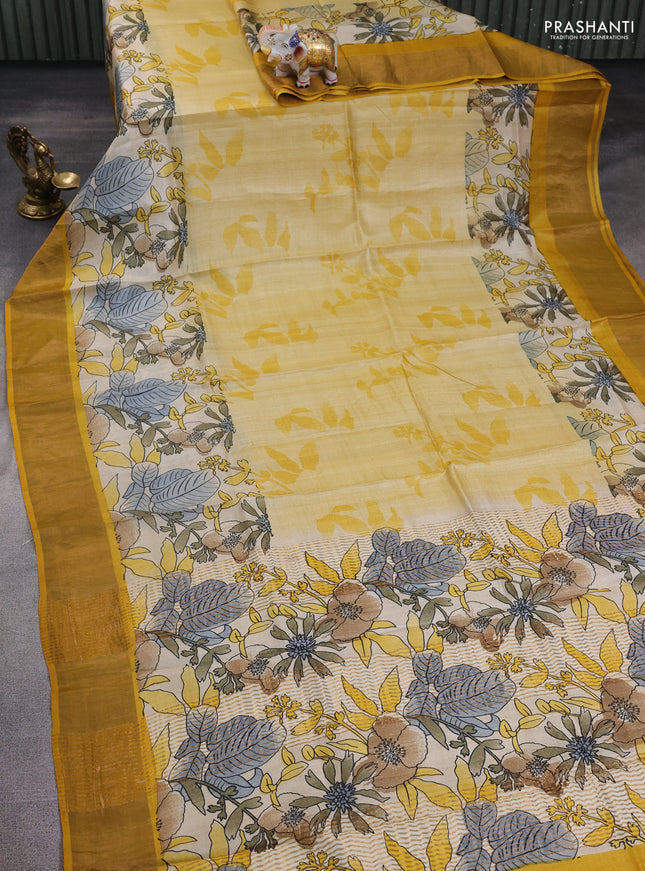 Pure tussar silk saree yellow with allover prints and zari woven border