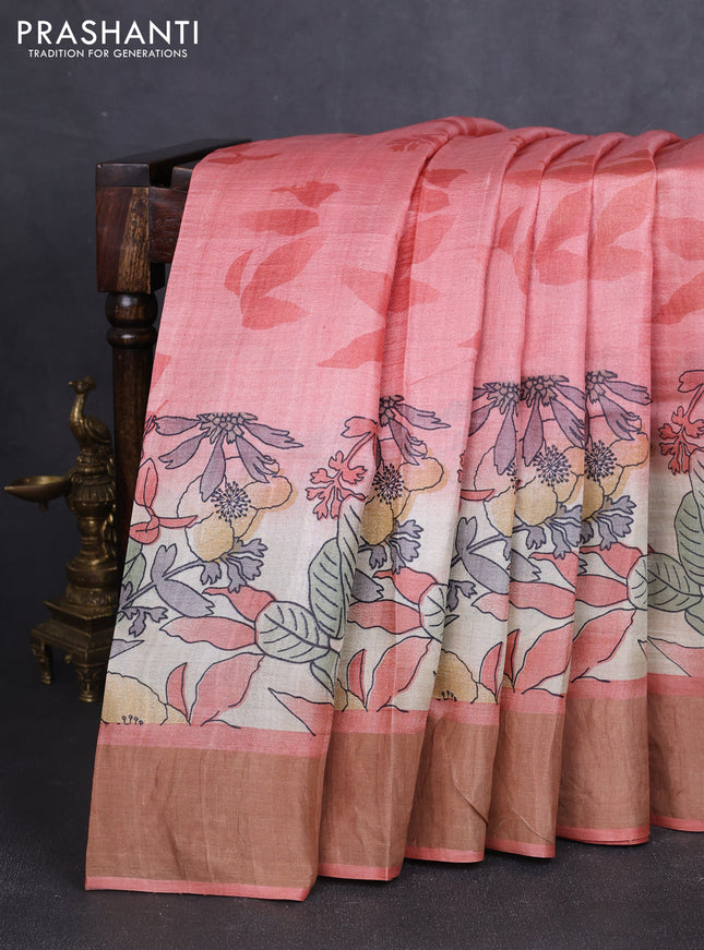 Pure tussar silk saree peach shade with allover prints and zari woven border