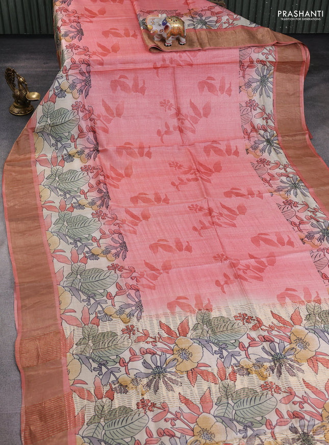 Pure tussar silk saree peach shade with allover prints and zari woven border