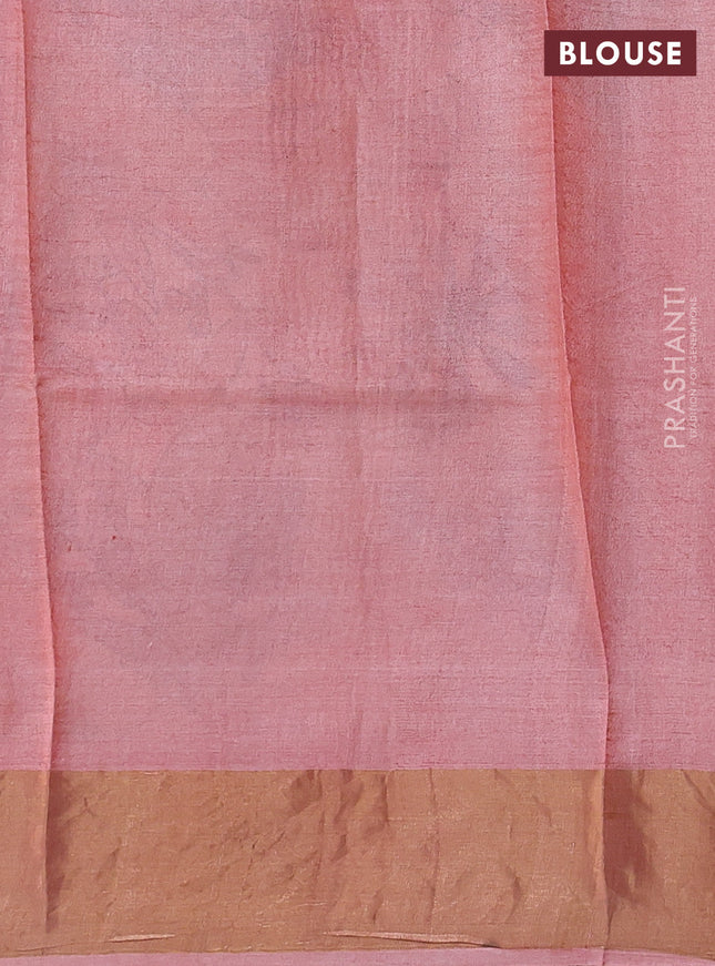 Pure tussar silk saree peach shade with allover prints and zari woven border