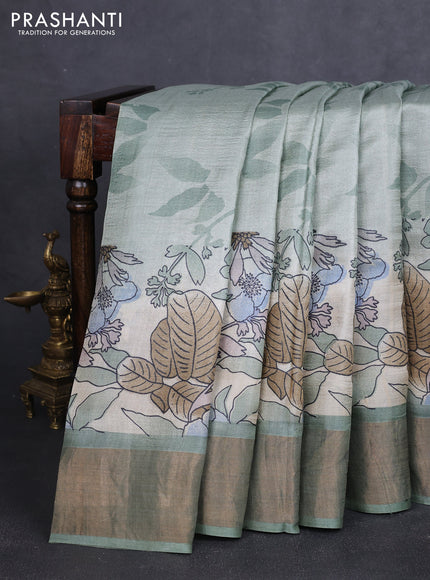Pure tussar silk saree pastel green with allover prints and zari woven border