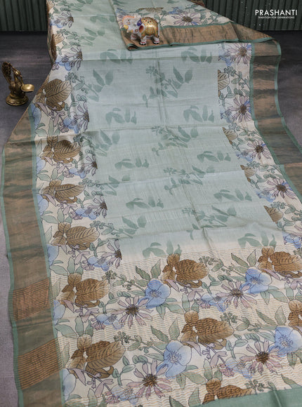 Pure tussar silk saree pastel green with allover prints and zari woven border