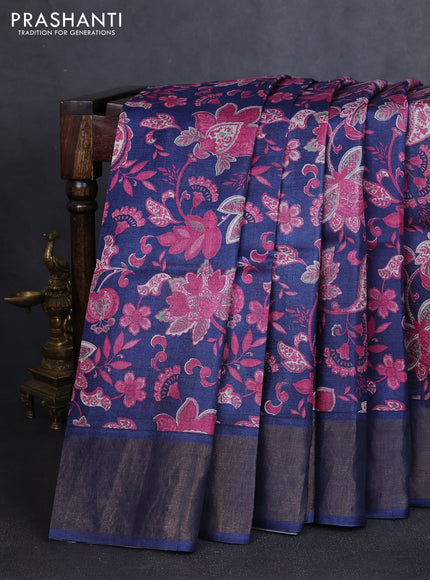 Pure tussar silk saree navy blue with allover kalamkari prints and zari woven border