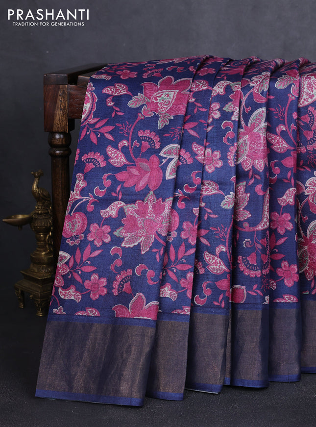 Pure tussar silk saree navy blue with allover kalamkari prints and zari woven border