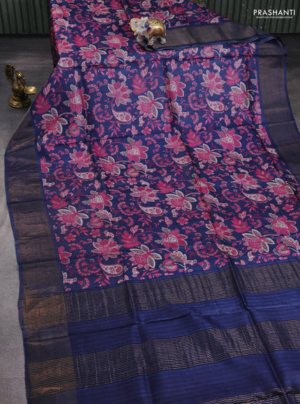 Pure tussar silk saree navy blue with allover kalamkari prints and zari woven border