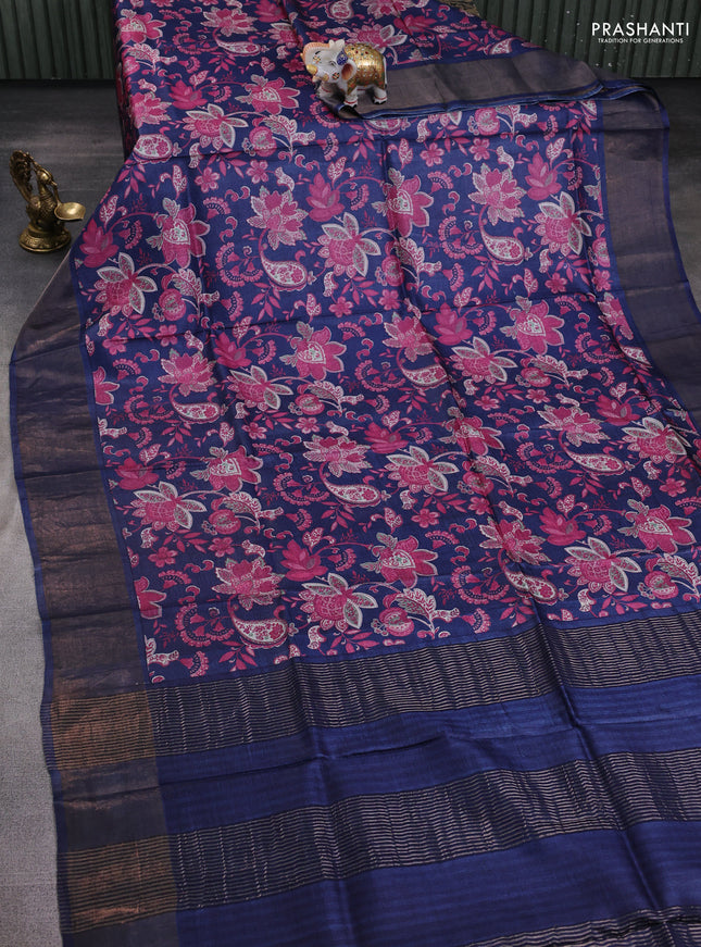 Pure tussar silk saree navy blue with allover kalamkari prints and zari woven border
