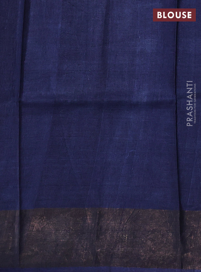 Pure tussar silk saree navy blue with allover kalamkari prints and zari woven border