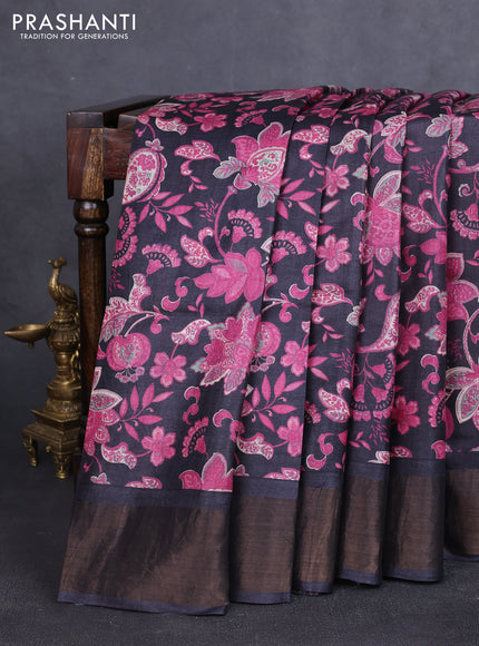 Pure tussar silk saree black with allover kalamkari prints and zari woven border