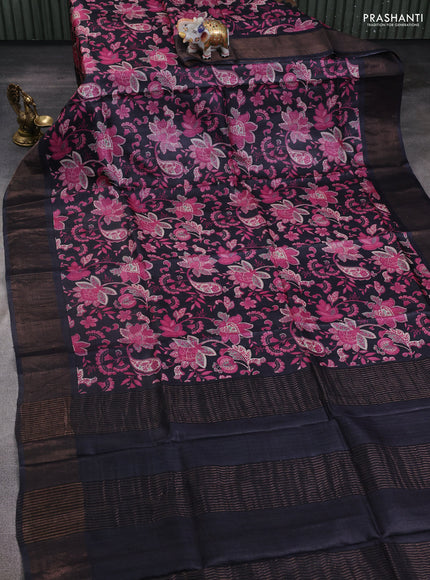 Pure tussar silk saree black with allover kalamkari prints and zari woven border