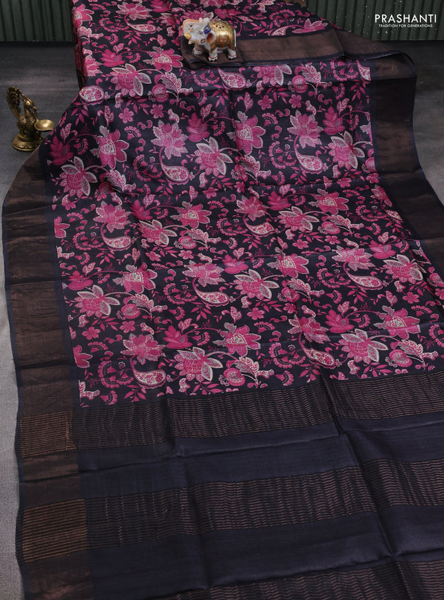 Pure tussar silk saree black with allover kalamkari prints and zari woven border