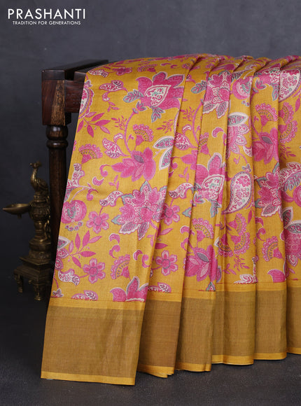 Pure tussar silk saree mustard yellow with allover kalamkari prints and zari woven border