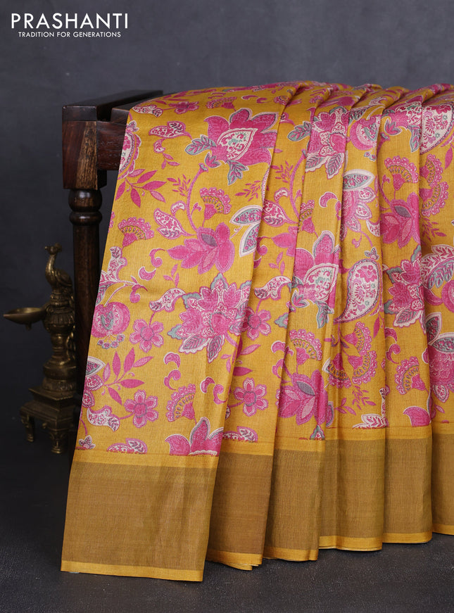 Pure tussar silk saree mustard yellow with allover kalamkari prints and zari woven border