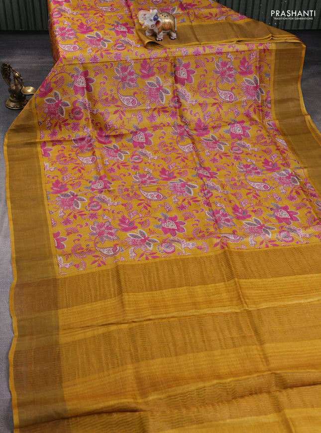 Pure tussar silk saree mustard yellow with allover kalamkari prints and zari woven border