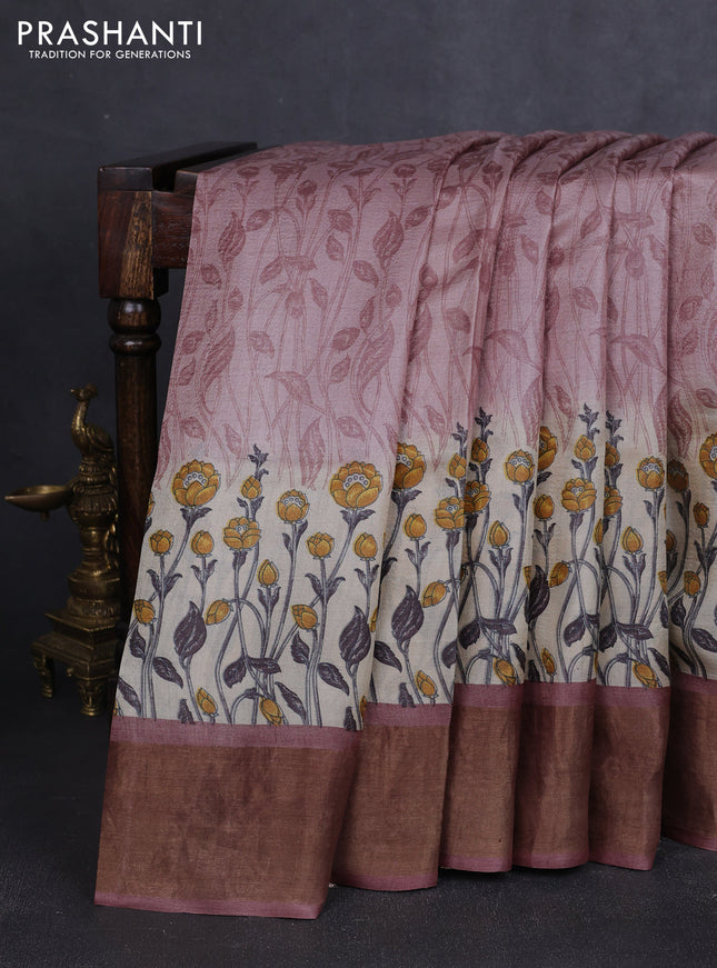 Pure tussar silk saree pastel pink with allover prints and zari woven border