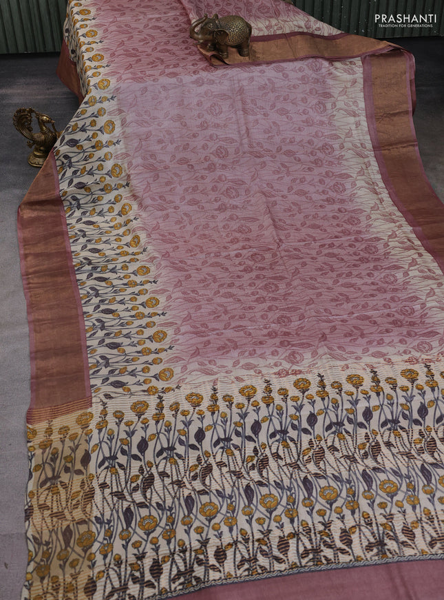 Pure tussar silk saree pastel pink with allover prints and zari woven border